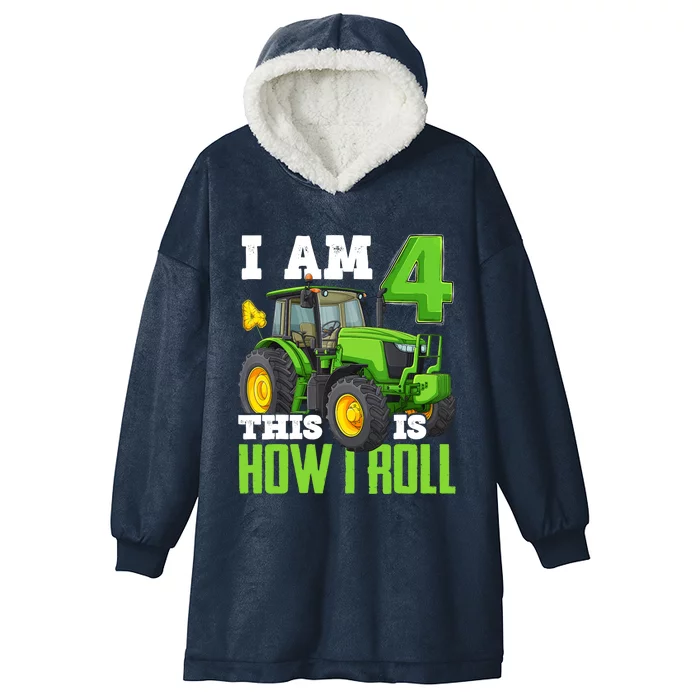 I Am 4 This is How I Roll Four Year Old Tractor 4th Birthday Hooded Wearable Blanket