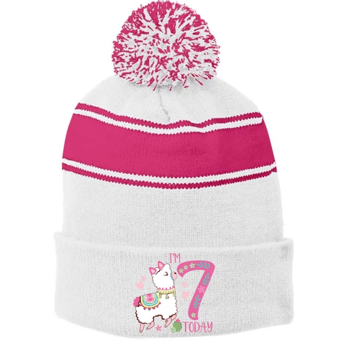 I Am 7 Years Old 7th Birthday Girl Alpaca / Llama Stripe Pom Pom Beanie