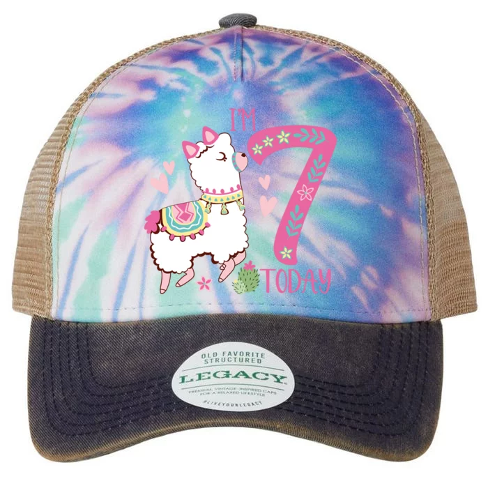 I Am 7 Years Old 7th Birthday Girl Alpaca / Llama Legacy Tie Dye Trucker Hat