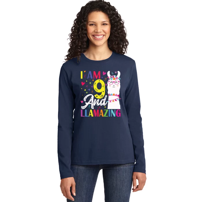 I Am 9 Years Old And Llamazing Llama 9th Birthday Ladies Long Sleeve Shirt