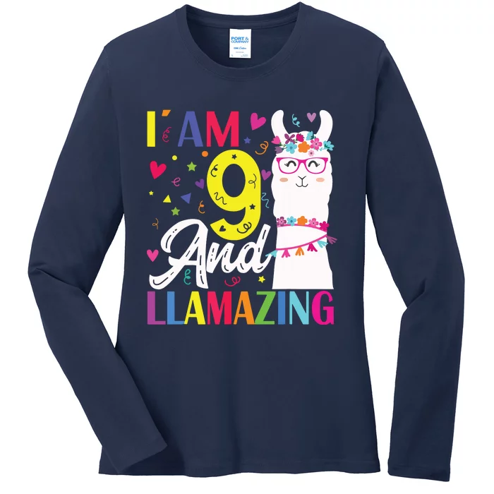 I Am 9 Years Old And Llamazing Llama 9th Birthday Ladies Long Sleeve Shirt