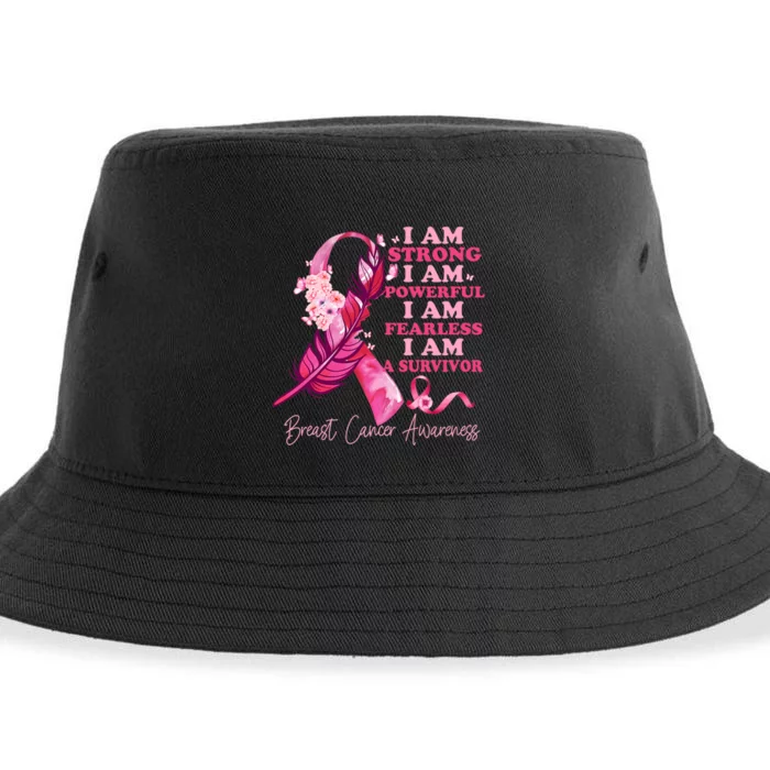 I Am A Survivor Breast Cancer Awareness Pink Ribbon Feathers Sustainable Bucket Hat