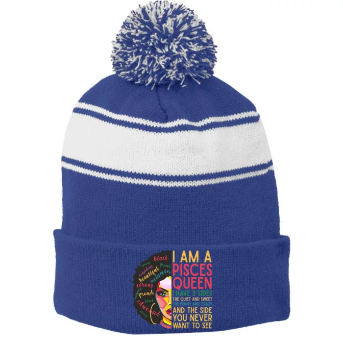 I Am A Pisces Queen Cool Gift Stripe Pom Pom Beanie