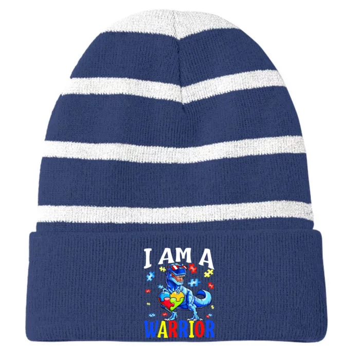 I Am A Warrior Autism Family Dinosaur Autism Awareness Striped Beanie with Solid Band