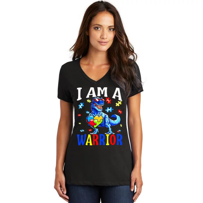 I Am A Warrior Autism Family Dinosaur Autism Awareness Women's V-Neck T-Shirt