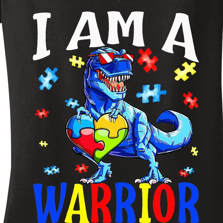 I Am A Warrior Autism Family Dinosaur Autism Awareness Women's V-Neck T-Shirt