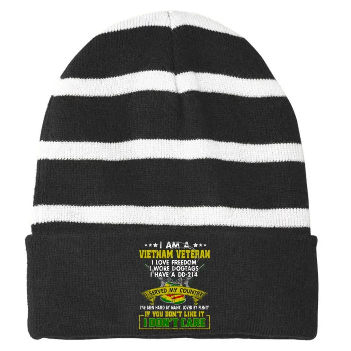 I Am A US Army Vietnam Veteran I Love Freedom Support Veteran Gifts Striped Beanie with Solid Band