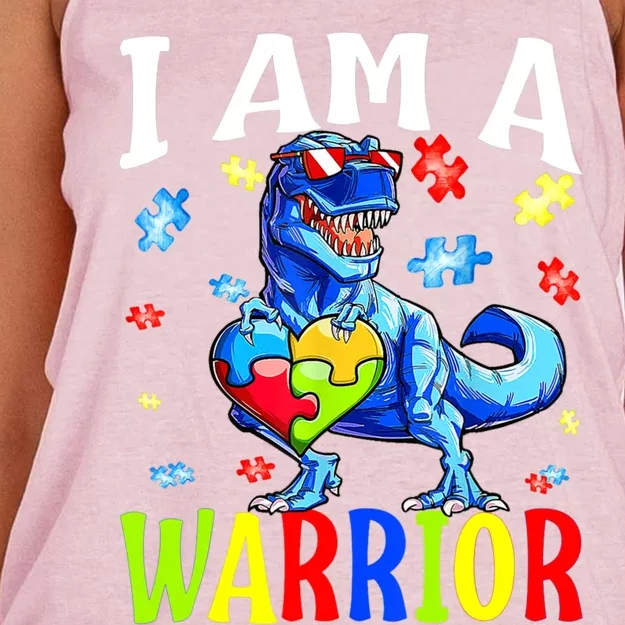 I Am A Warrior Autism Family Dinosaur Autism Gift Women's Knotted Racerback Tank