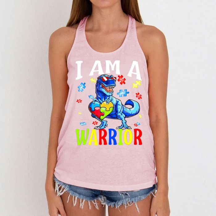 I Am A Warrior Autism Family Dinosaur Autism Gift Women's Knotted Racerback Tank