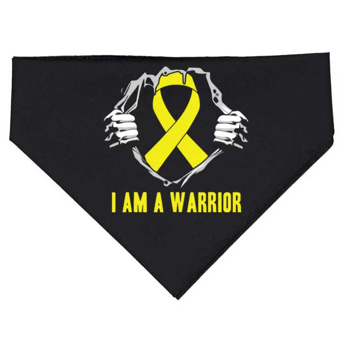 I Am A Warrior Childhood Cancer Awareness Gold Ribbon Gifts USA-Made Doggie Bandana