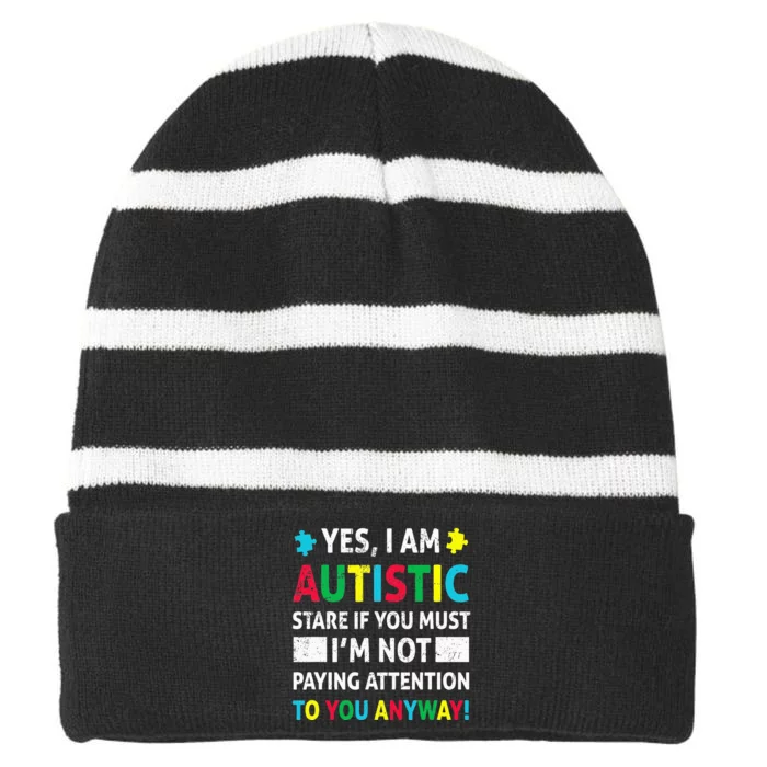 I Am Autistic Funny Autism Awareness Acceptance Puzzle Striped Beanie with Solid Band