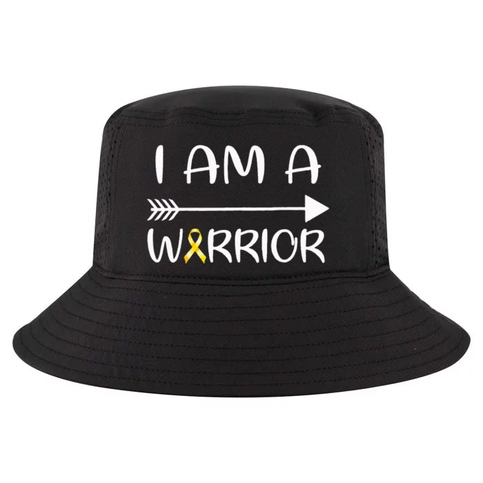 I Am A Warrior Childhood Cancer Awareness Gold Ribbon Gifts Cool Comfort Performance Bucket Hat