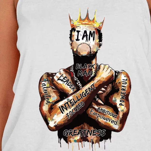 I Am Black Man King Powerful Dad Afro Melanin Black History Women's Knotted Racerback Tank