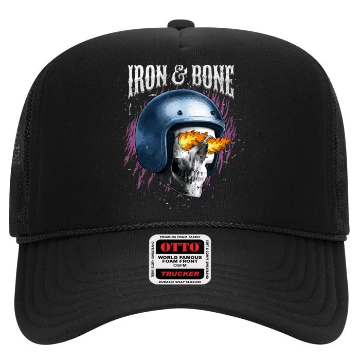 Iron And Bone Skull Biker Flame High Crown Mesh Trucker Hat