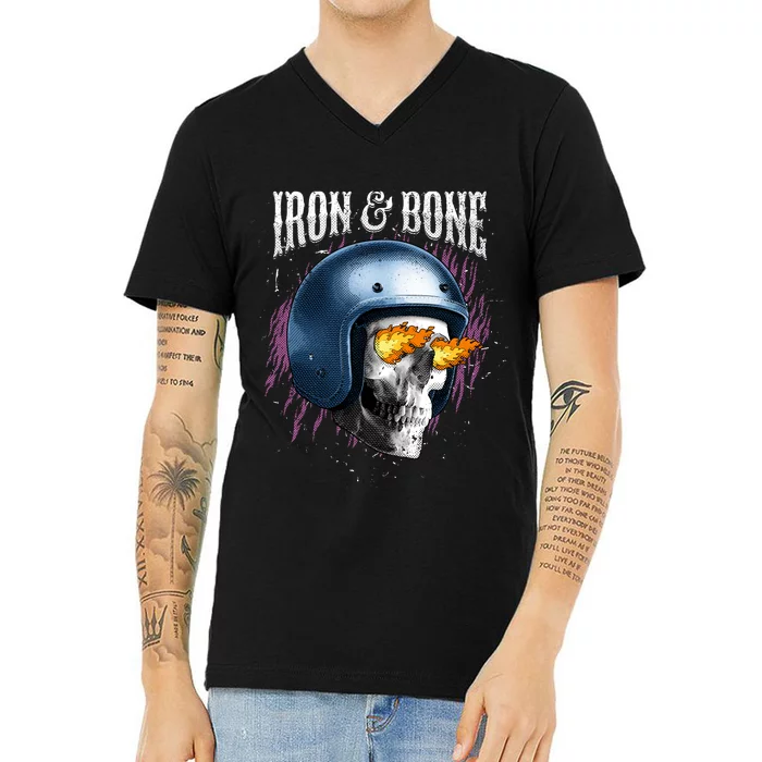 Iron And Bone Skull Biker Flame V-Neck T-Shirt