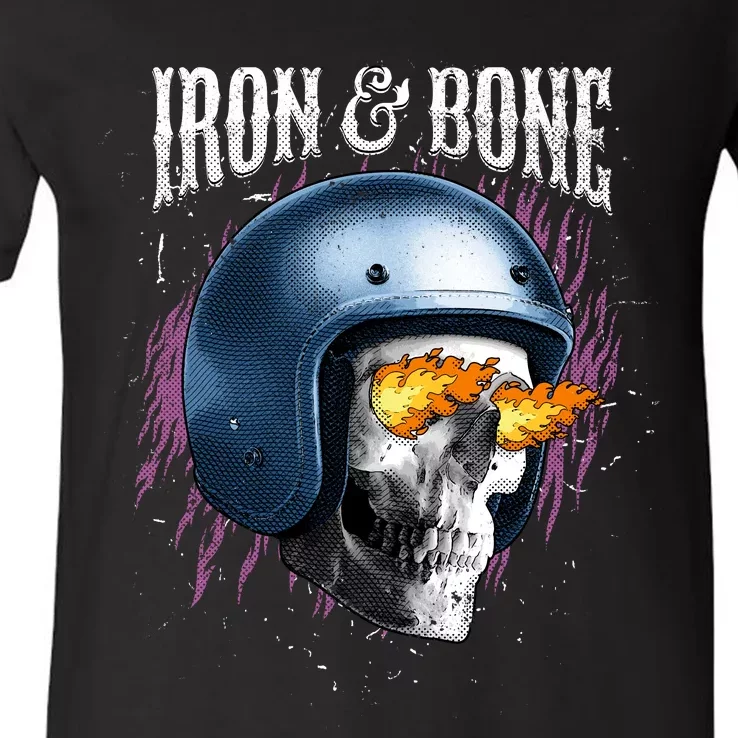 Iron And Bone Skull Biker Flame V-Neck T-Shirt