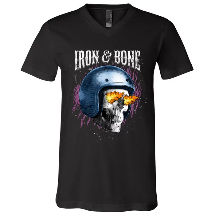 Iron And Bone Skull Biker Flame V-Neck T-Shirt