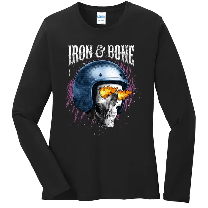 Iron And Bone Skull Biker Flame Ladies Long Sleeve Shirt