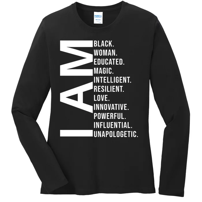 I Am Black Woman Educated Magic Intelligent Resilient Love Innovative Powerful Ladies Long Sleeve Shirt