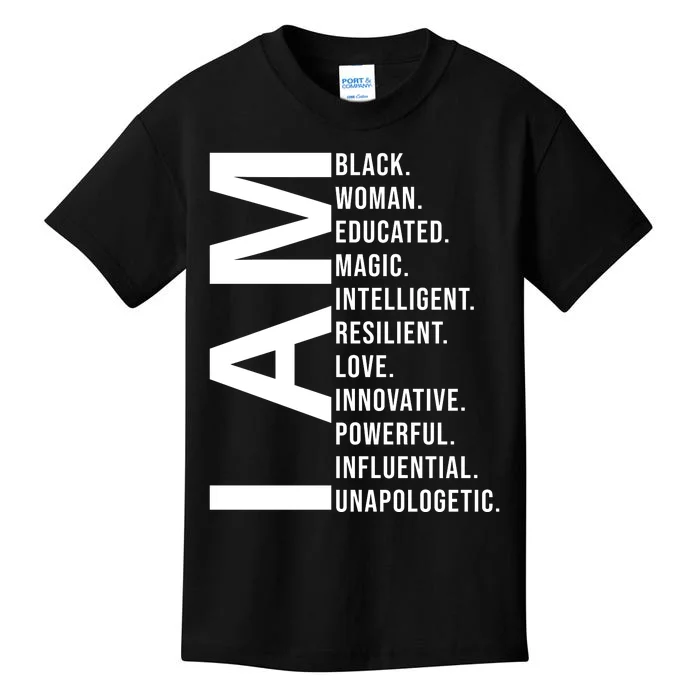 I Am Black Woman Educated Magic Intelligent Resilient Love Innovative Powerful Kids T-Shirt