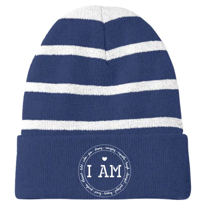 I Am Circle Design Wo Positive O Affirmations Striped Beanie with Solid Band