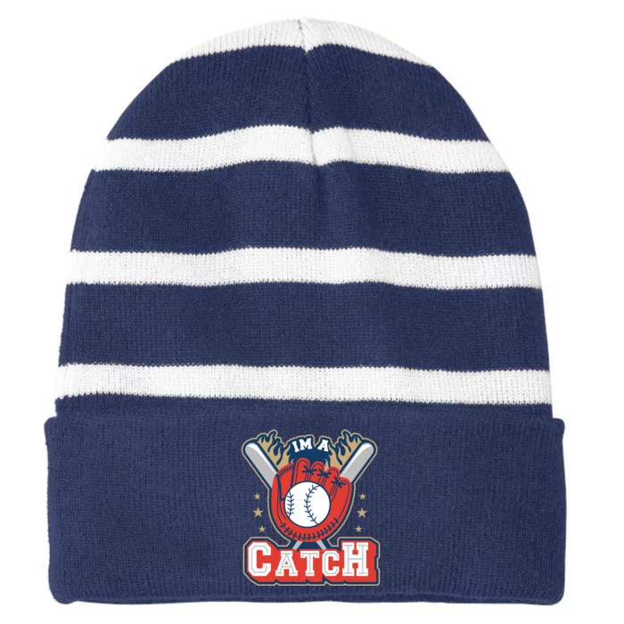 I'm A Catch Baseball Sport Striped Beanie with Solid Band