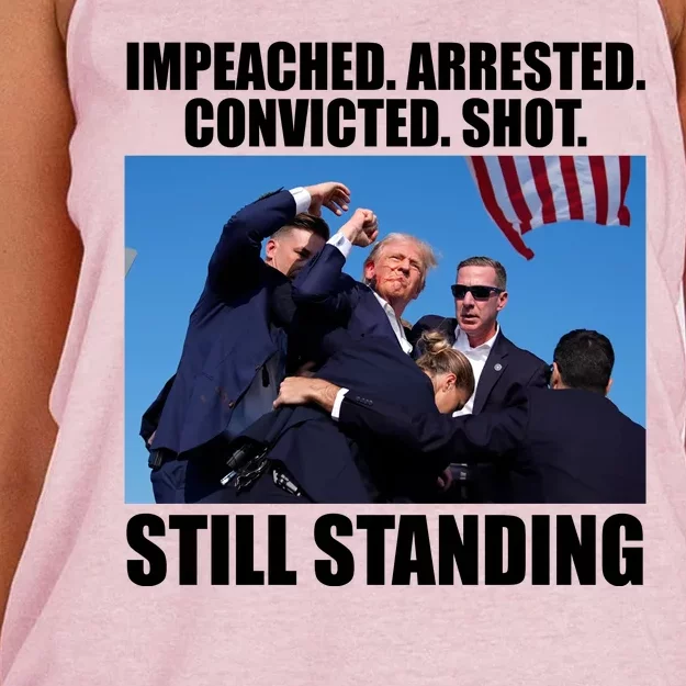 Impeached Arrested Convicted Shot Still Standing Donald Trump Women's Knotted Racerback Tank