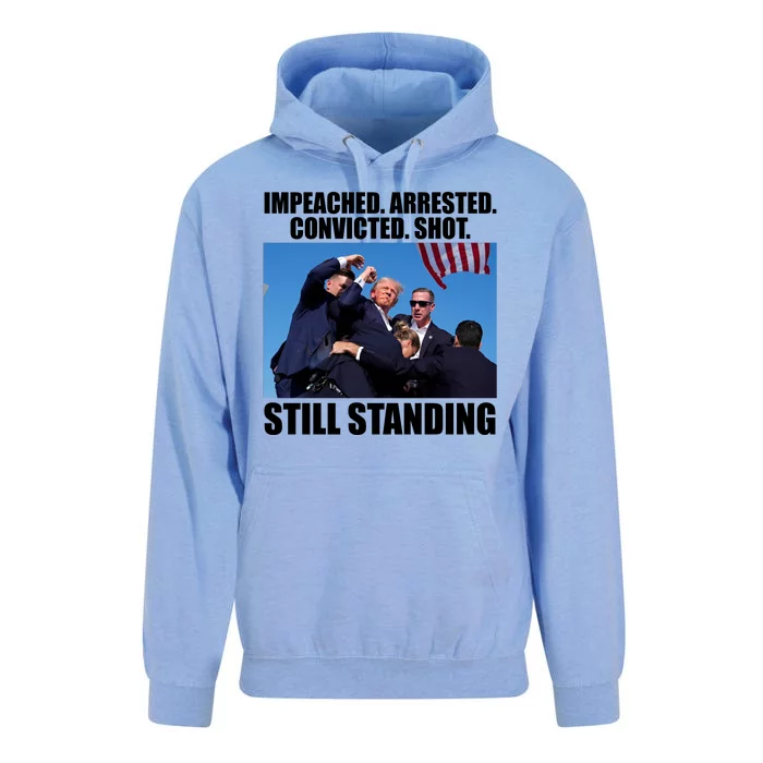 Impeached Arrested Convicted Shot Still Standing Donald Trump Unisex Surf Hoodie