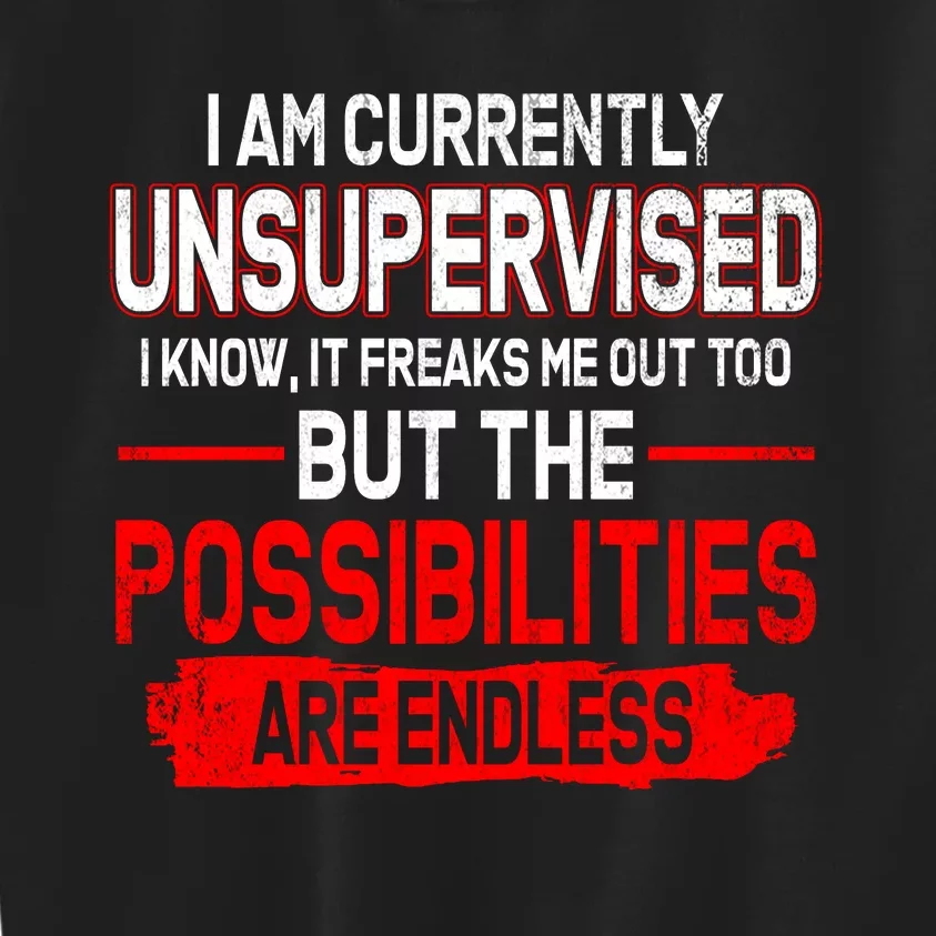 I Am Currently Unsupervised The Possibilities Are Endless Kids Sweatshirt