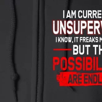 I Am Currently Unsupervised The Possibilities Are Endless Full Zip Hoodie