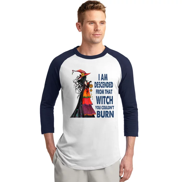 I Am Descended From That Witch You Couldnt Burn Gift Baseball Sleeve Shirt