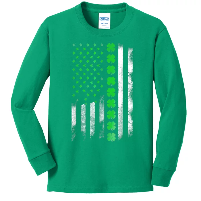 Irish American Flag Shamrock Clover Happy St Patrick's Day Kids Long Sleeve Shirt