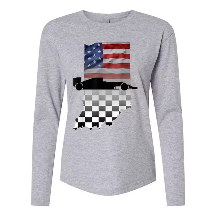 Indiana American Flag To Checkered Flag Graphic Womens Cotton Relaxed Long Sleeve T-Shirt