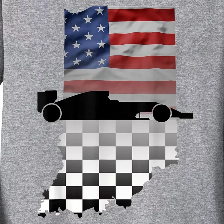 Indiana American Flag To Checkered Flag Graphic Kids Long Sleeve Shirt