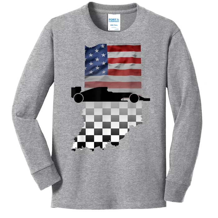 Indiana American Flag To Checkered Flag Graphic Kids Long Sleeve Shirt