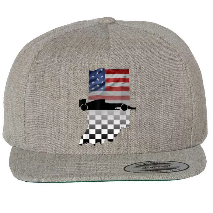 Indiana American Flag To Checkered Flag Graphic Wool Snapback Cap