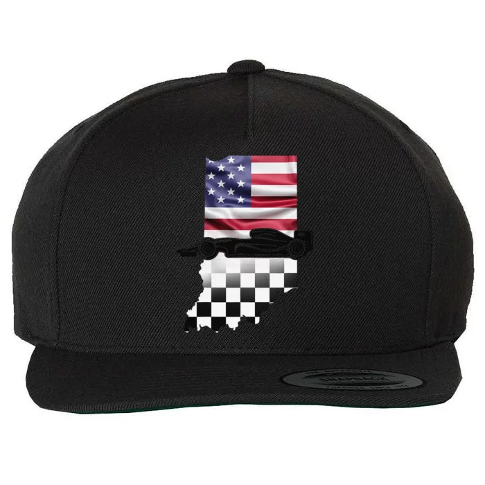 Indiana American Flag To Checkered Flag Race Car Racing Wool Snapback Cap