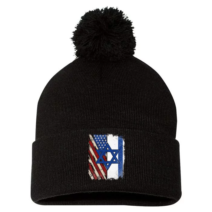 Israeli American Flag Pride Israel USA Pom Pom 12in Knit Beanie