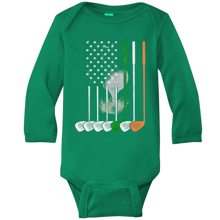 Irish American Flag Vintage Golf Flag St Patricks Day Baby Long Sleeve Bodysuit