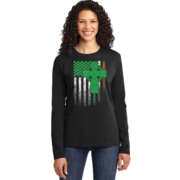 Irish American Flag Ireland Flag ST PATRICKS DAY Gift Cross Ladies Long Sleeve Shirt