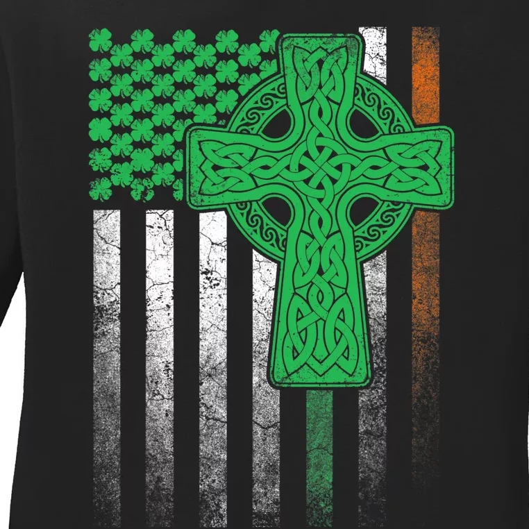 Irish American Flag Ireland Flag ST PATRICKS DAY Gift Cross Ladies Long Sleeve Shirt