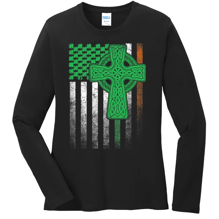 Irish American Flag Ireland Flag ST PATRICKS DAY Gift Cross Ladies Long Sleeve Shirt