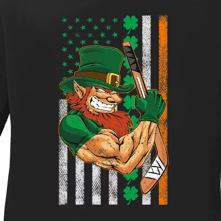 Irish American Flag Lucky Hockey St. Patricks Day Ladies Long Sleeve Shirt