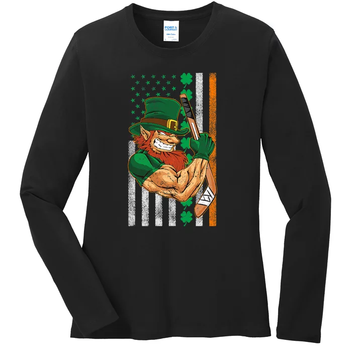 Irish American Flag Lucky Hockey St. Patricks Day Ladies Long Sleeve Shirt