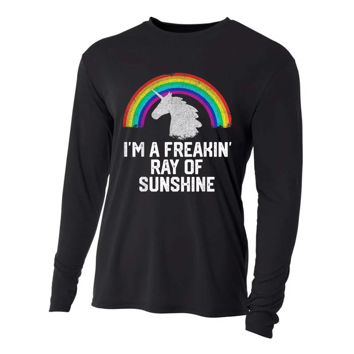 Im A Freakin Ray Of Sunshine RAINBOW UNICORN Girls Cooling Performance Long Sleeve Crew