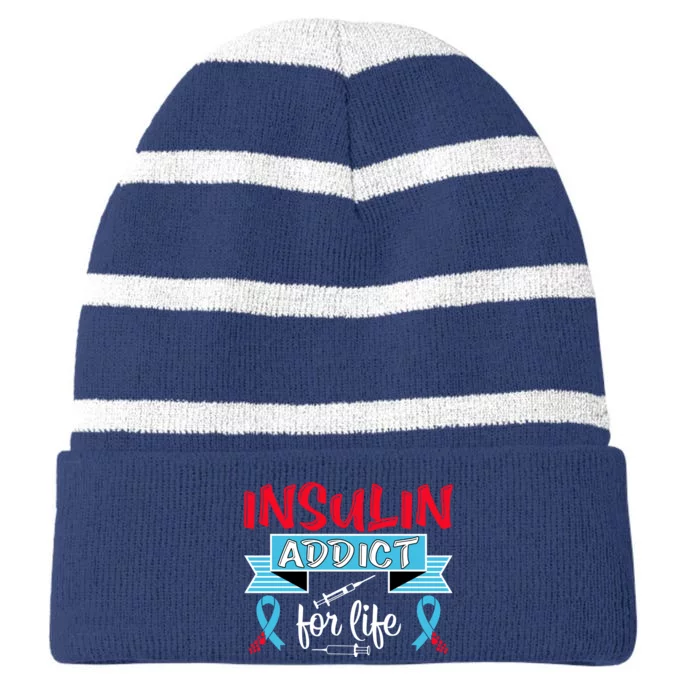 Insulin Addict For Life Diabetes Awareness Striped Beanie with Solid Band