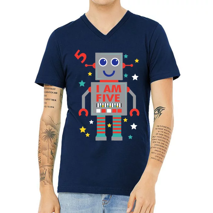 I Am Five Robot Funny Robotics 5 Year Old Birthday Party V-Neck T-Shirt