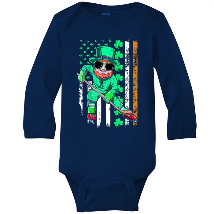 Irish American Flag Hockey St Patrick's Day Gift Baby Long Sleeve Bodysuit