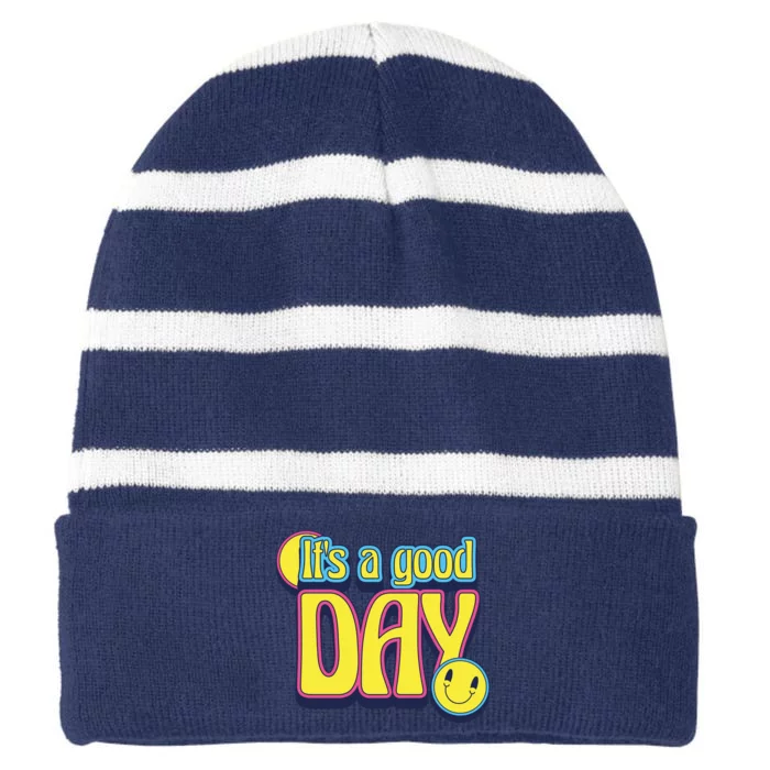 It's A Good Day Retro Positive Happy Striped Beanie with Solid Band