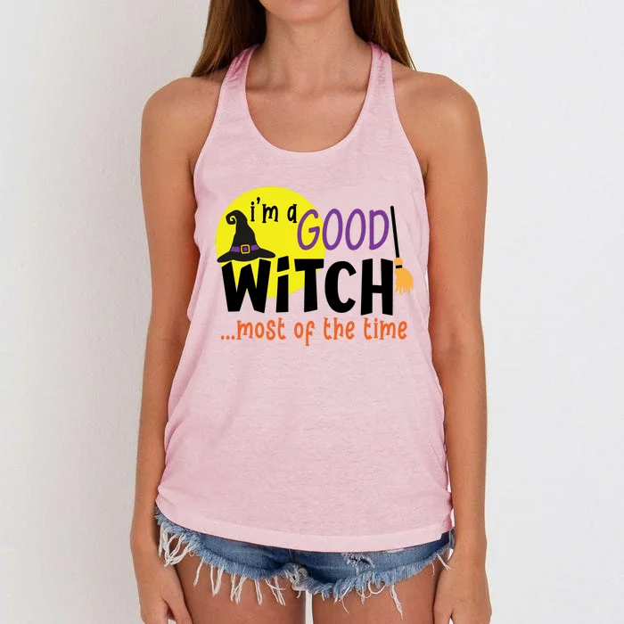 Im A Good Witch Most Of The Time Witch Hat Halloween Quote Women's Knotted Racerback Tank